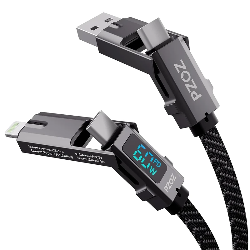 PZOZ 4 in 1 LED Display 60W USB Cable,USB C to Lightning/Type-c to USB C/USB A to Lightning/USB A to USB C Fast Charging Charger for iPhone iPad MacBook AirPods Pro Samsung Google