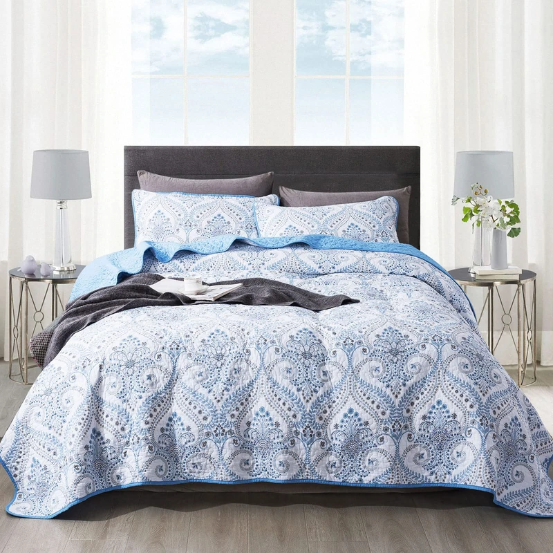 NEWLAKE Cotton Bedspread Quilt Sets - Reversible Patchwork Coverlet Set, Blue Classic Royal Pattern, California King Size
