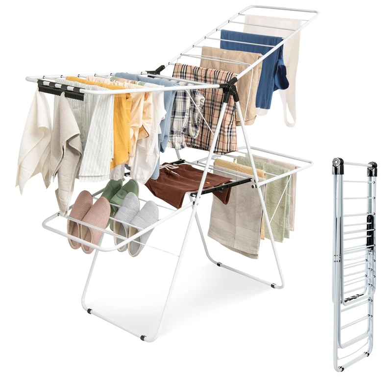 COSTWAY Foldable Clothes Airer, 2-Stage, Clothes Dryer with Height-Adjustable Wings & Non-Slip Feet, Wing Clothes Dryer Steel Frame, Wing Clothes Airer, Stand Dryer, White