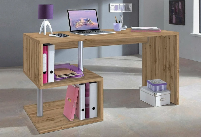 Dmora - Desk Valerio, PC holder linear desk, Multipurpose office table, Multiposition space-saving desk, 100% Made in Italy, cm 140x60h78, Oak