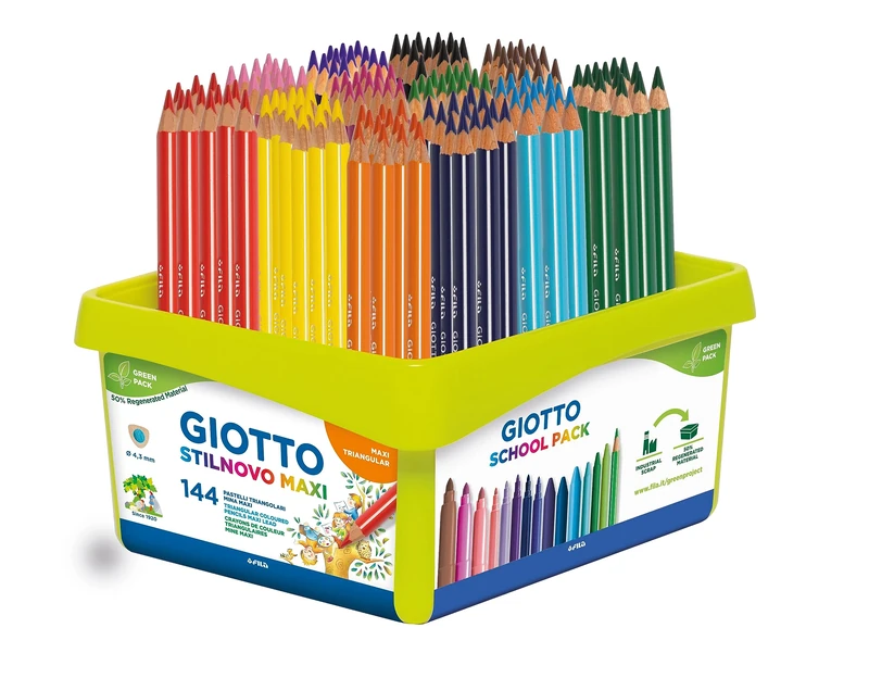 Giotto Stilnovo Maxi, Thick Colored Pencils, Schoolpack Made with 50% Regenerated Material, 4.3mm Lead, Assorted Colors, 144 Count