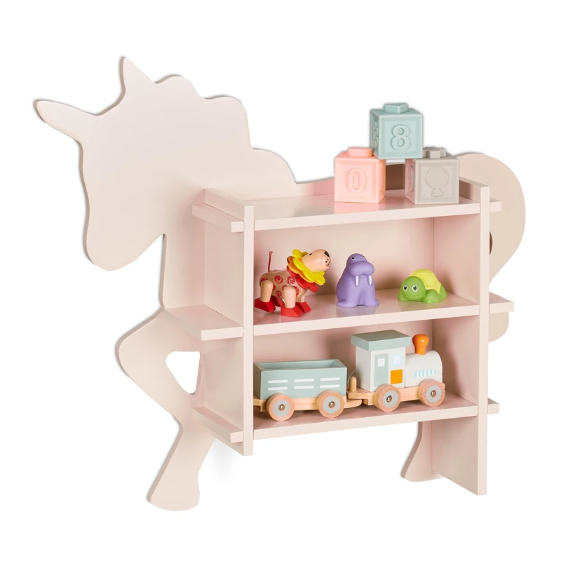 Relaxdays Children's Unicorn Shelf, 2 Open Compartments, Kids Bookcase, Wall Mounted Storage, 54.5 x 66 x 13 cm, Pink, Fibreboard