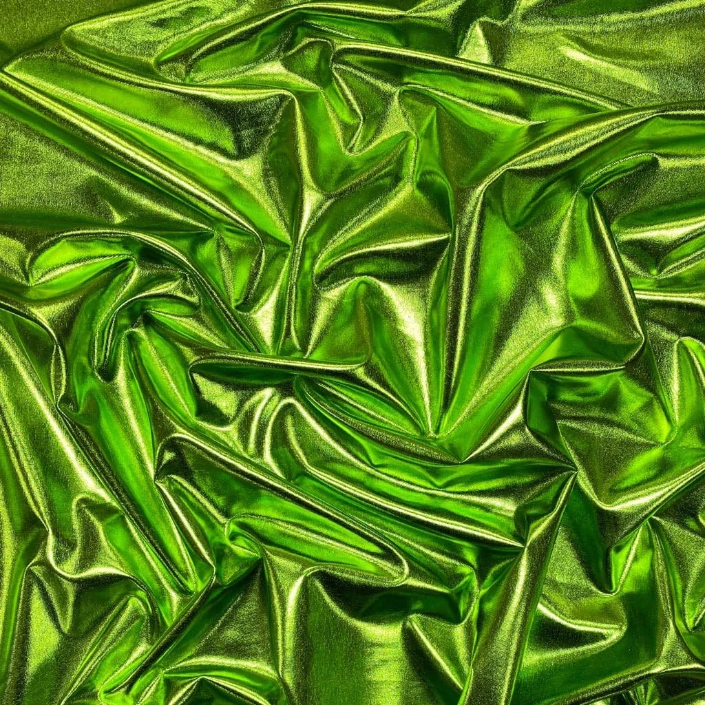 1 Metre - Lime Green 4 Way Stretch Nylon Spandex Metallic Wet Look Effect Lycra Fabric All Way Stretch Elastane Stretchy Shiny Foil Material Dancewear, Swimming, Sports Activewear
