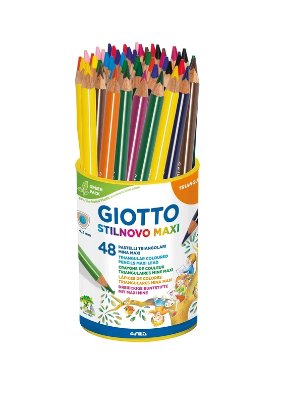 Giotto Stilnovo Maxi, Thick Coloured Pencils, Bio Plastic, Triangular Format, 4.3 mm Lead, Bio Plastic Jot, Assorted Colours, Pack of 48