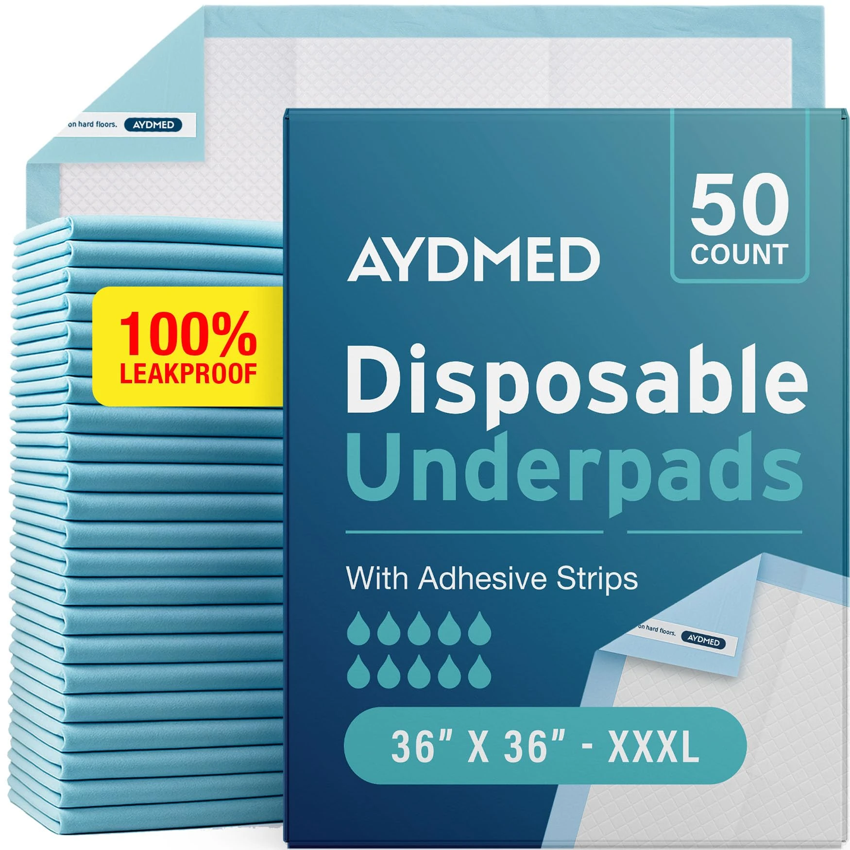 50 x AYDMED Incontinence Underpads 36" x 36" with Adhesive Strips | XXXL Bed Pads Disposable Adult | Max Absorbency Chux Pads for Adults, Children & Babies | Incontinence Bed Pads & Pee Pads