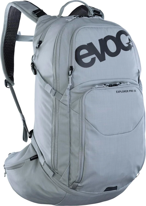 EVOC EXPLORER PRO 30, Backpack (BODY HUGGING fit, incl. tool compartment, hydration bladder compartment for hydration bladders up to 3l and rain cover, One Size), Silver