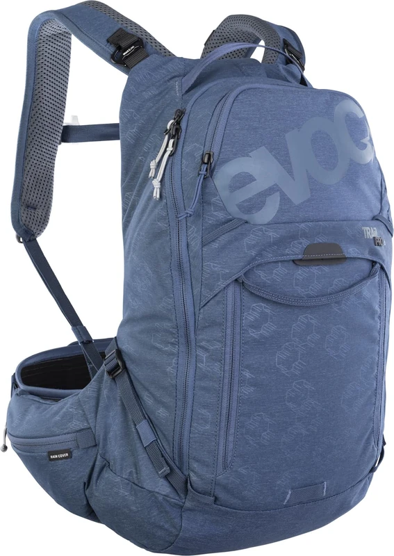 EVOC TRAIL PRO 16l protector backpack for day tours & trail riding, bike backpack (backpack with LITESHIELD PLUS back protector, extra light, 3l hydration bladder compartment, size: L/XL), Denim