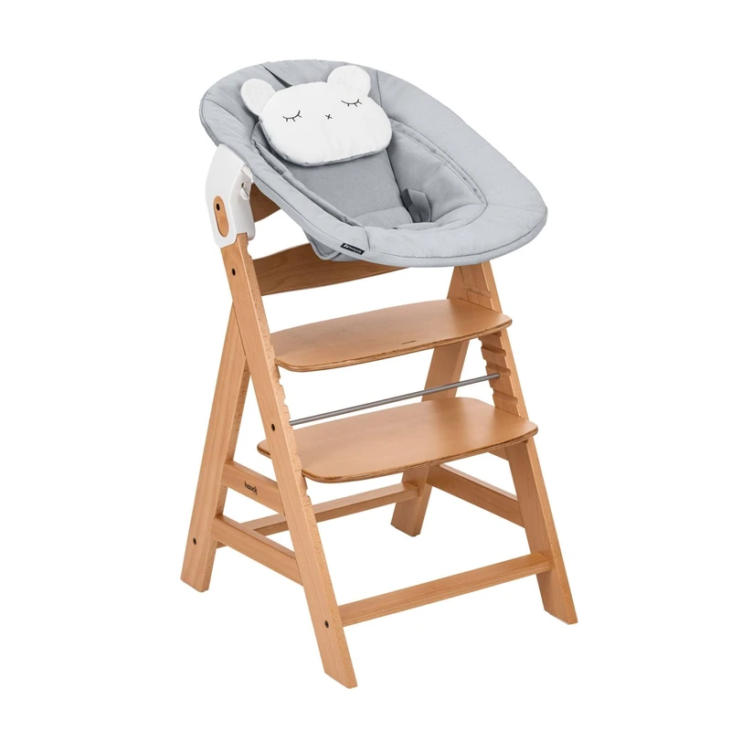 Hauck Alpha Newborn Pre Set - Baby Highchair, Evolutionary from Birth (FSC® Certified Beech Wood) with Newborn Bouncer - Adjustable Height - Nature Beige