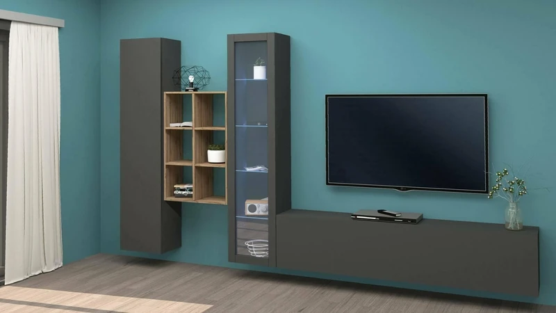 Dmora - TV wall unit Eugenio, Living room set TV stand with 3 doors, Multipurpose living room furniture with showcase and LED light, 100% Made in Italy, cm 320x30h180, Anthracite