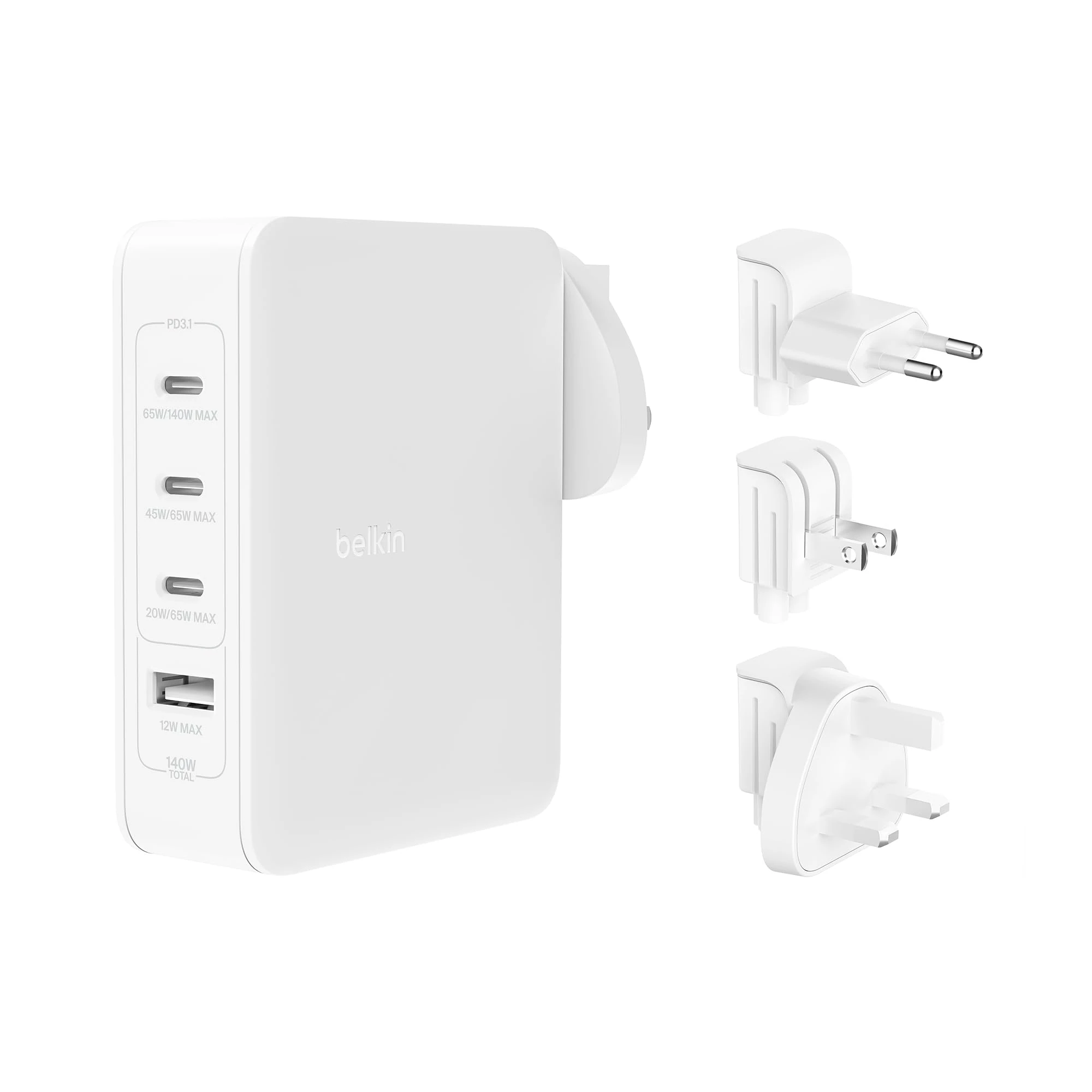 Belkin 140W 4-Port GaN Wall Charger, Multi-Port Travel Plug w/ USB-C Power Delivery Fast Charge & USB-A Port Phone Charger - iPhone 17, Samsung Galaxy, Google Pixel, iPad, MacBook, laptop, tablet, etc