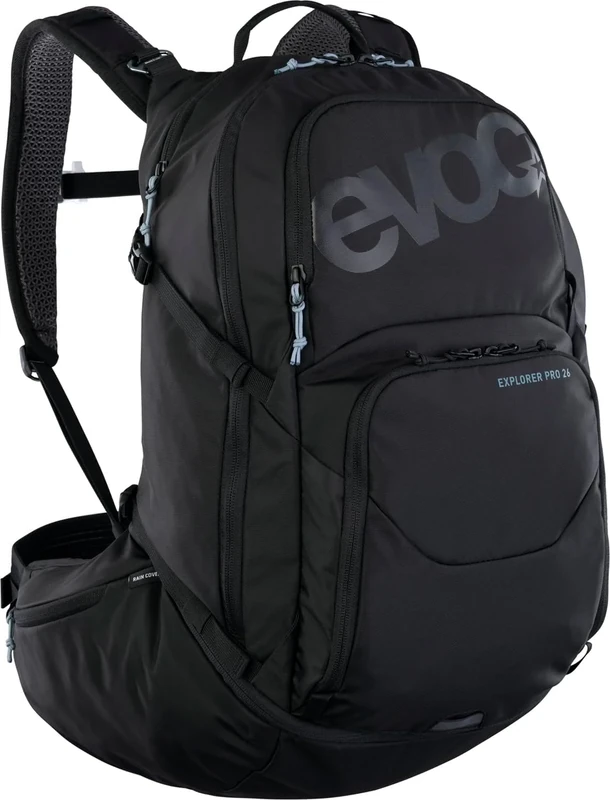 EVOC EXPLORER PRO 26, Backpack (for shorter back lengths, incl. hydration bladder compartment for hydration bladders up to 3l and rain cover, One Size), Black