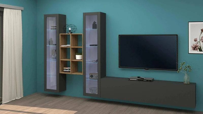 Dmora - TV wall unit Eros, Living room set TV stand with 3 doors, Multipurpose living room furniture with showcase and LED light, 100% Made in Italy, cm 320x30h180, Anthracite