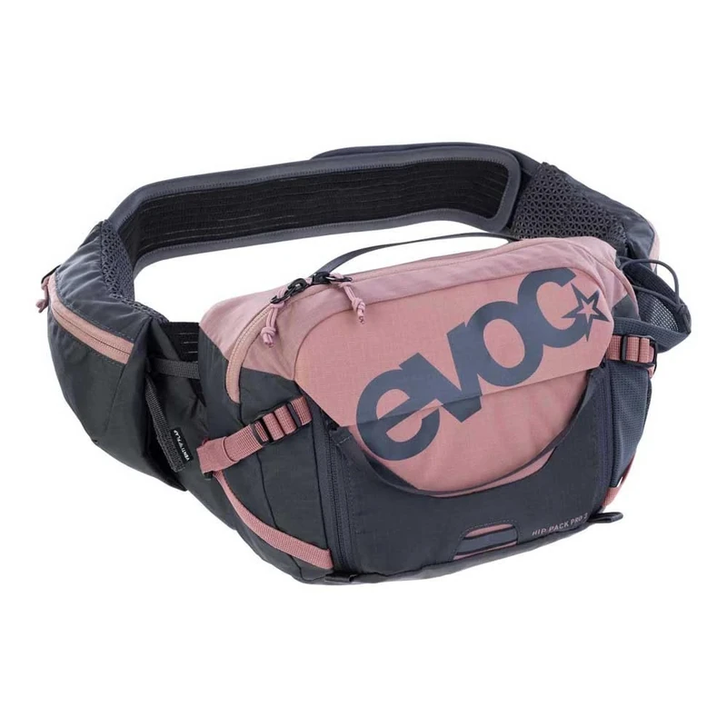 EVOC Hip Pack PRO 3 + Hydration Bladder 1.5, Hip Bag (AIR Flow Contact System, AERO Flex Hip Belt, incl. 1.5l Hydration Bladder and Bottle Holder, One Size), Dusty Pink - Carbon Grey