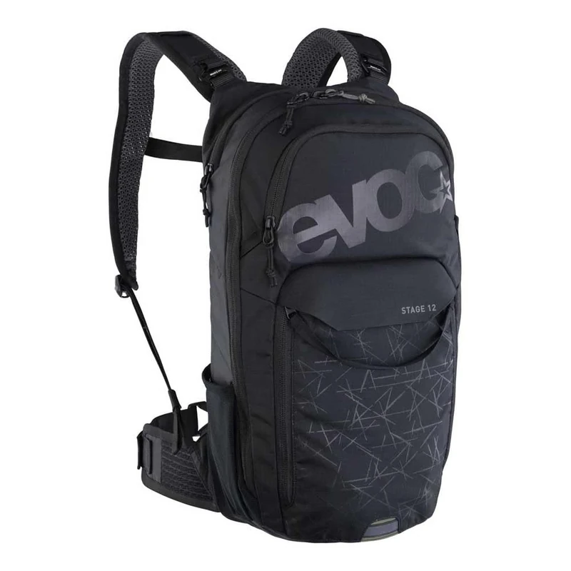 EVOC STAGE 12, Backpack (adjustable shoulder straps with BRACE LINK, AIR FLOW CONTACT SYSTEM, incl. hydration bladder compartment, tool compartment and compression straps, One Size), Black