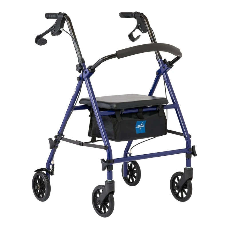 Medline Rollator Walker with Seat, Steel Rolling Walker with 6-inch Wheels Supports up to 350 lbs, Medical Walker, Blue