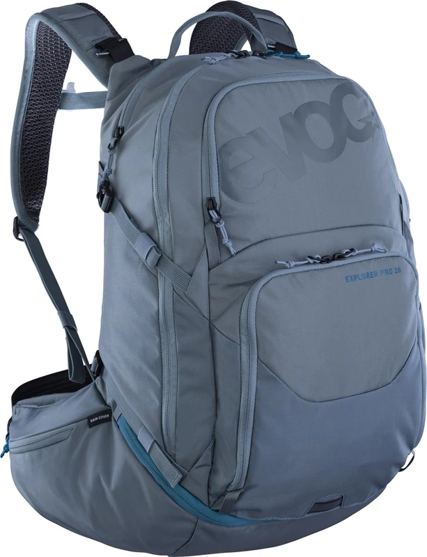 EVOC EXPLORER PRO 26, backpack (for shorter back lengths, incl. hydration bladder compartment for hydration bladders up to 3l and rain cover, one size), steel