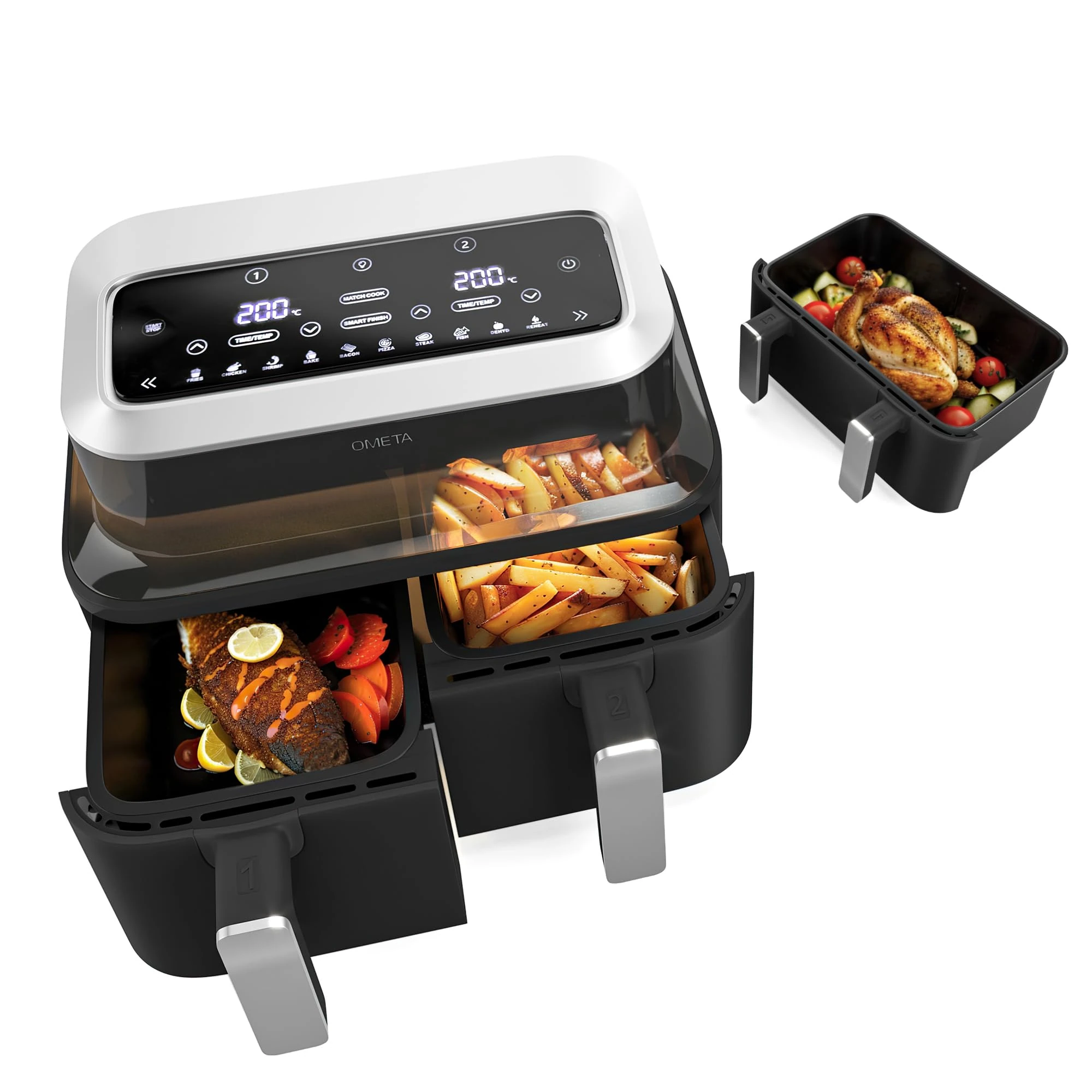 Ometa 9L Dual Air Fryer, 4.2L Baskets with Additional 9L Basket, 10-in-1 Cooking Methods, Oil Free for Healthy Cooking, Non-Stick Dishwasher Safe Smart & Match Cook Air-Fryer (Black 3 Basket)