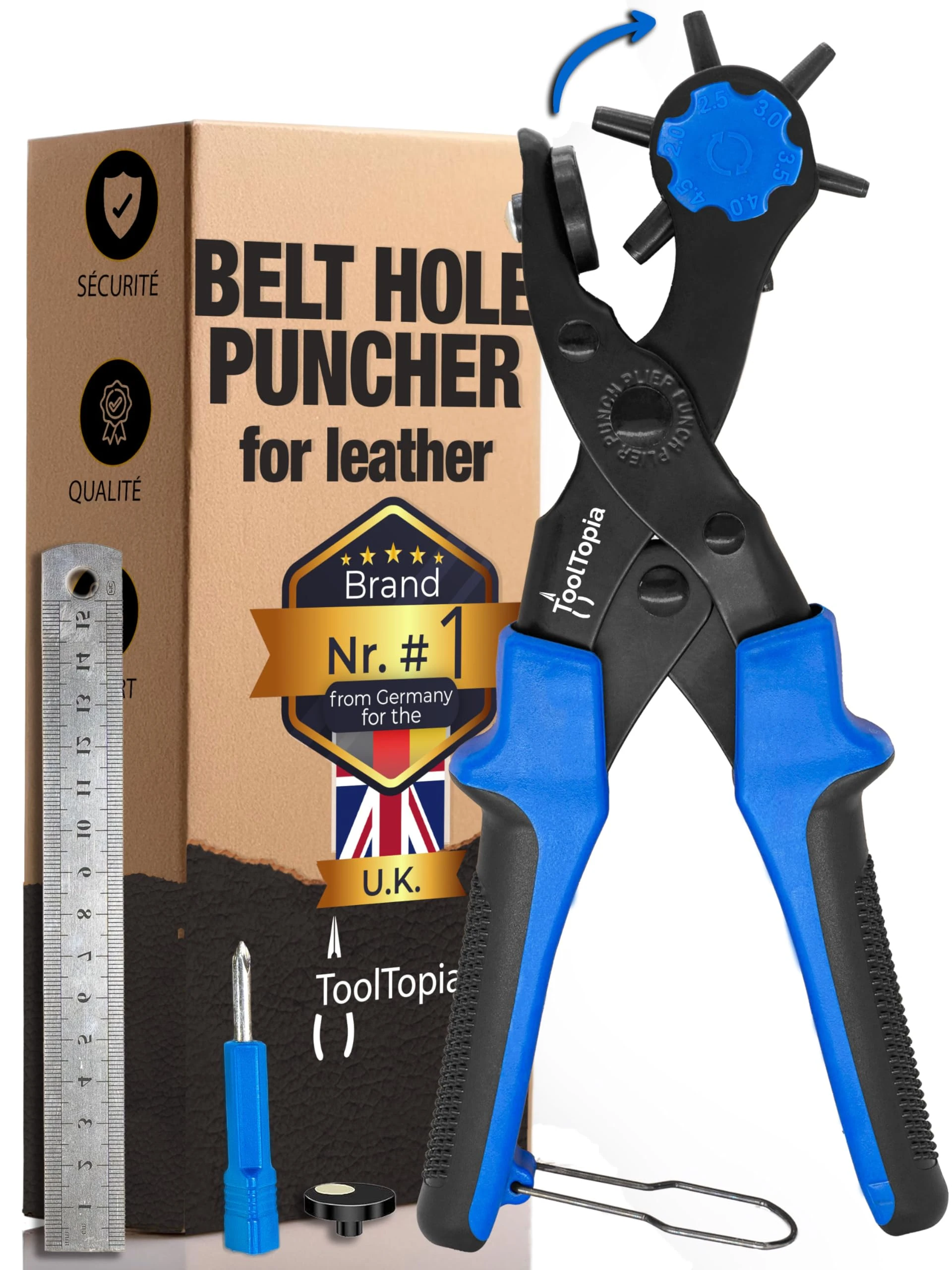 ToolTopia Hole Punch for Leather & Fabric [Complete Set], Hole Puncher with Comfort Lever