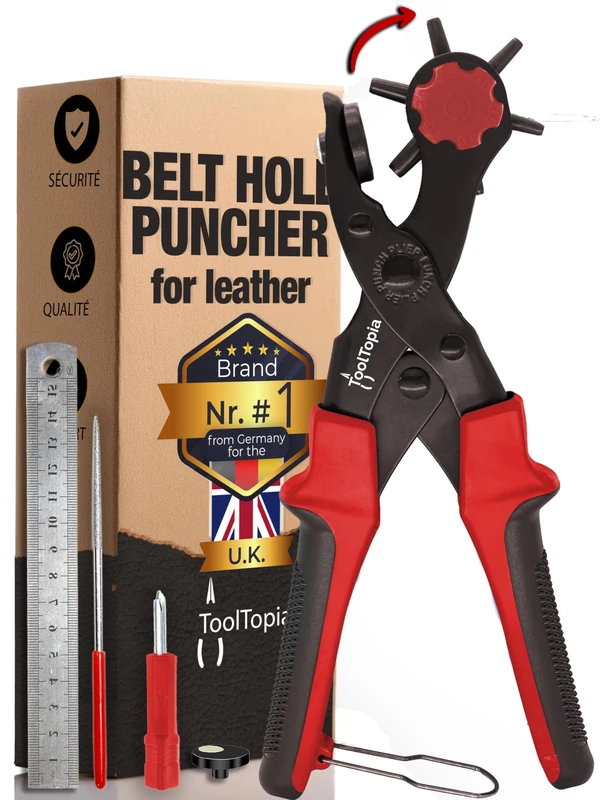 ToolTopia Belt Hole Puncher for Leather – Heavy Duty Rotary Hole Puncher with 6 Sizes, Comfort Lever, Leather Belt Hole Punch for Belts, Watches, Shoes, Fabric and PVC - Red