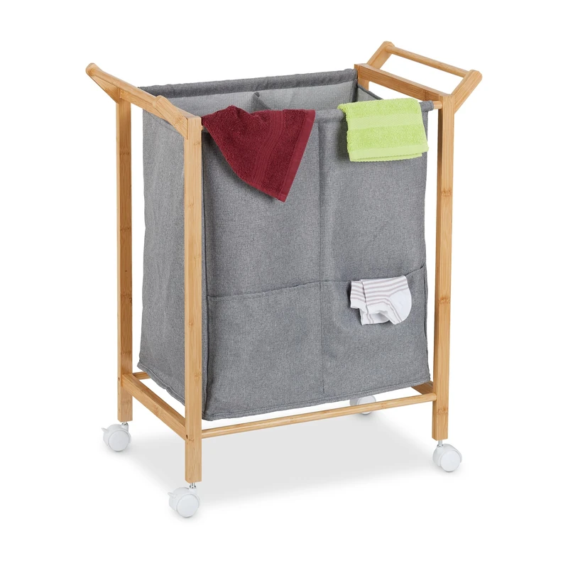 Relaxdays Laundry Basket, on Wheels, 2 Sections. 2 Side Pockets, Vol. 80l, Bamboo & Fabric, 76 x 65 x 35cm, Natural/Grey