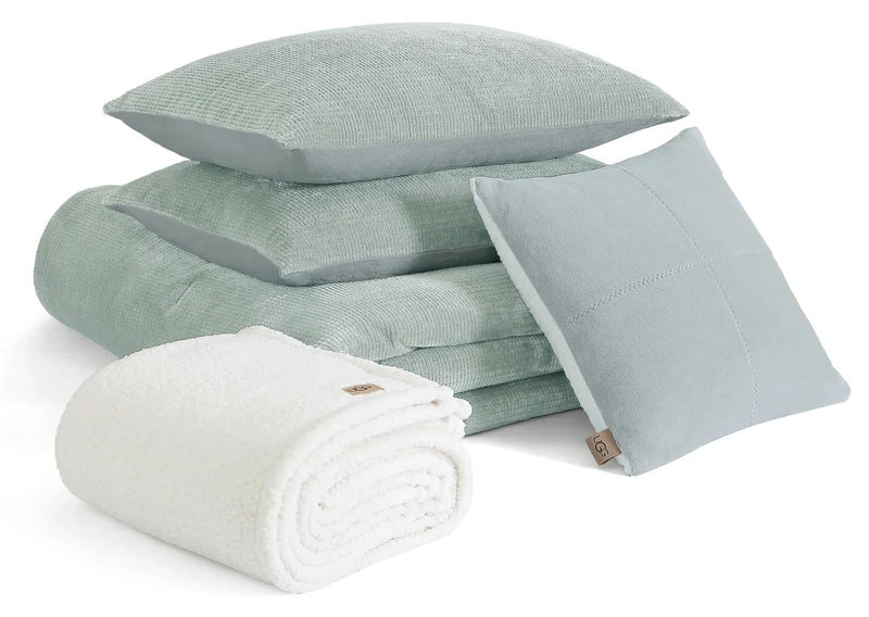 UGG Remina Comforter Set 5 Piece Bed in a Bag with Throw Blanket, Decorative Pillow, Shams, and Reversible Comforter Hypoallergenic Washable Luxury Fluffy Bedding Set, King, Blue Green Clear Creek