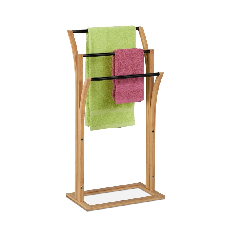 Relaxdays Towel Rack, Bamboo, 3 Staggered Rails, HWD: 82 x 42 x 24 cm, Bathroom Clothes Holder, Standing, Natural/Black