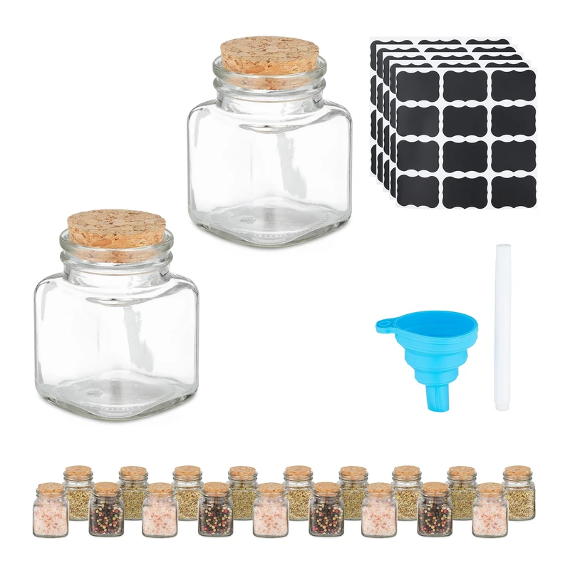 Relaxdays Spice Jars, Set of 20, Glass Seasoning Containers, 100 ml, incl. Labels & Cones, Cork Lid, Transparent/Natural, 7 x 5 x 5 cm