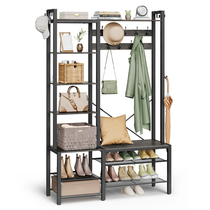 Vasagle HSR426B04 Entrance Coat Rack with Shoe Bench and 5 Storage Shelves, 9 Coat Hooks and 6 Side Hooks, 40 x 120 x 190 cm, Stone Grey and Ink Black - Image 1