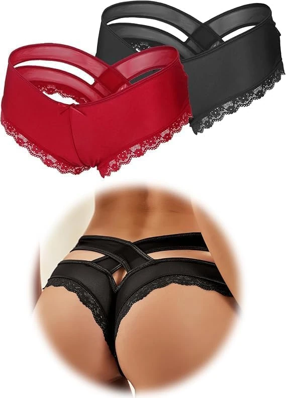 comeondear Lace Thongs for Women Plus Size Sexy Tangas Knickers Multipack Ladies Lace Underwear Stretchy Hollow Panties Briefs Black Red 2 Pack UK 12 14
