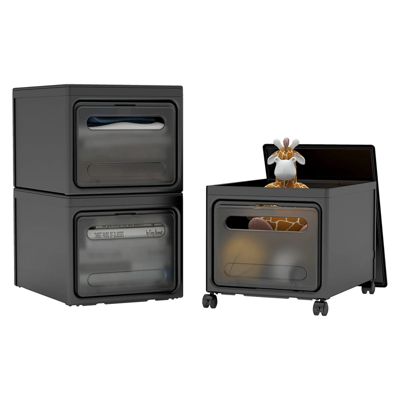 Mondeer 3 Packs Plastic Storage Boxes with Lids, Stackable Boxes with 4 Wheels and Handle, Cube Bins Organizer for Kitchen LivingRoom Bedroom Bathroom and Office, 30 x 40 x 25 cm, Black