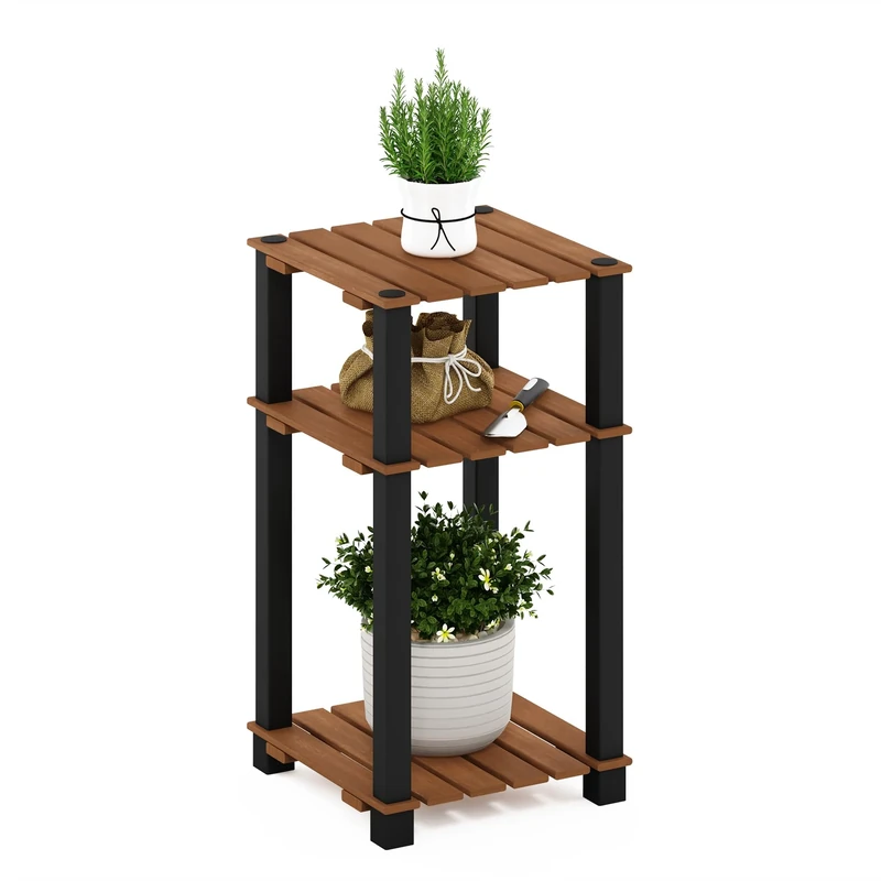 Furinno TURN-N-TUBE Plant Stand Indoor Outdoor, 3-Tier Plant Shelf, Side Table with Square Poles, for Patio, Garden, Living Room, Balcony, Natural