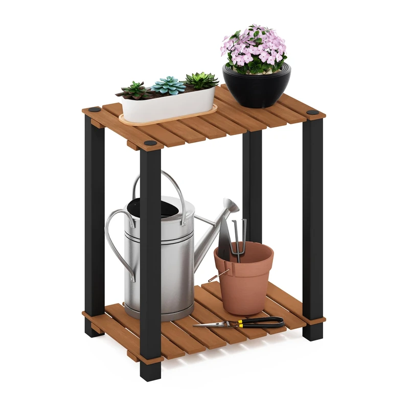 Furinno TURN-N-TUBE Plant Stand Indoor Outdoor, 2-Tier Rectangle Plant Shelf, Side Table with Square Poles, for Patio, Garden, Living Room, Balcony, Natural