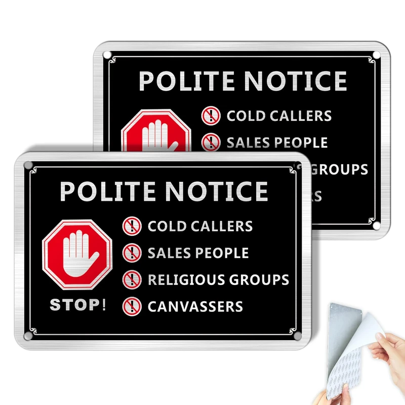 SINMAO No Cold Callers Sign for Front Door Polite Notice Sticker Metal 15x10cm Brushed Aluminium with Pre-drilled Holes Pack of 2