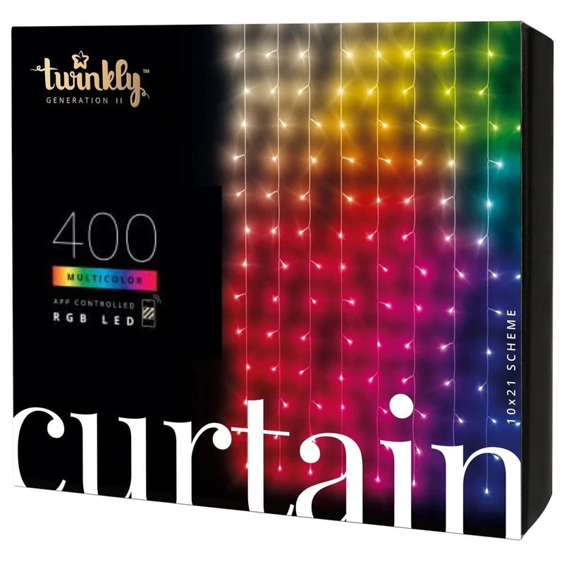 Twinkly Curtain 400 LED RGB+White, Outdoor and Indoor String Lights, Smart RGB and White Lights, Compatible with Alexa, Google Home, IP44, App Control, Transparent Wire, 3m x 2m