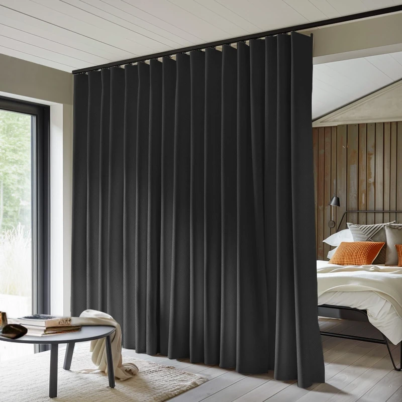 MaKefeile Room Divider Curtains - Total Blackout Privacy Panels, Thermal Insulated, Noise Reduction for Bedroom, Living Room, Ceiling Track - W 15 ft × H 7ft Black