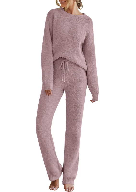 Merokeety Womens Fuzzy Fleece Long Sleeve 2 Piece Loungewear Outfits Sweater Pants Pajama Sets, Taro, M