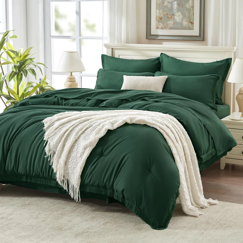 Andency Full Comforter Set, 7 Pieces Emerald Green Bedding