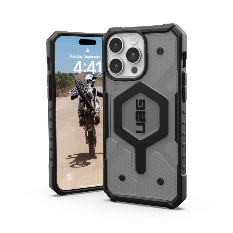 URBAN ARMOR GEAR UAG Case [Updated Version] Compatible with iPhone 15 Pro Max 6.7" Pathfinder Clear Ash/Black Built-in Magnet Compatible with MagSafe Charging Transparent Dropproof Protective Cover