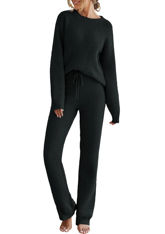 MEROKEETY Womens Fuzzy Fleece Long Sleeve 2 Piece Loungewear Outfits Sweater Pants Pajama Sets, Black, L