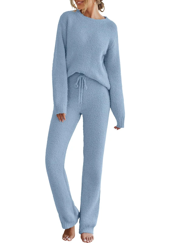 Merokeety Womens Fuzzy Fleece Long Sleeve 2 Piece Loungewear Outfits Sweater Pants Pajama Sets, Blue, M