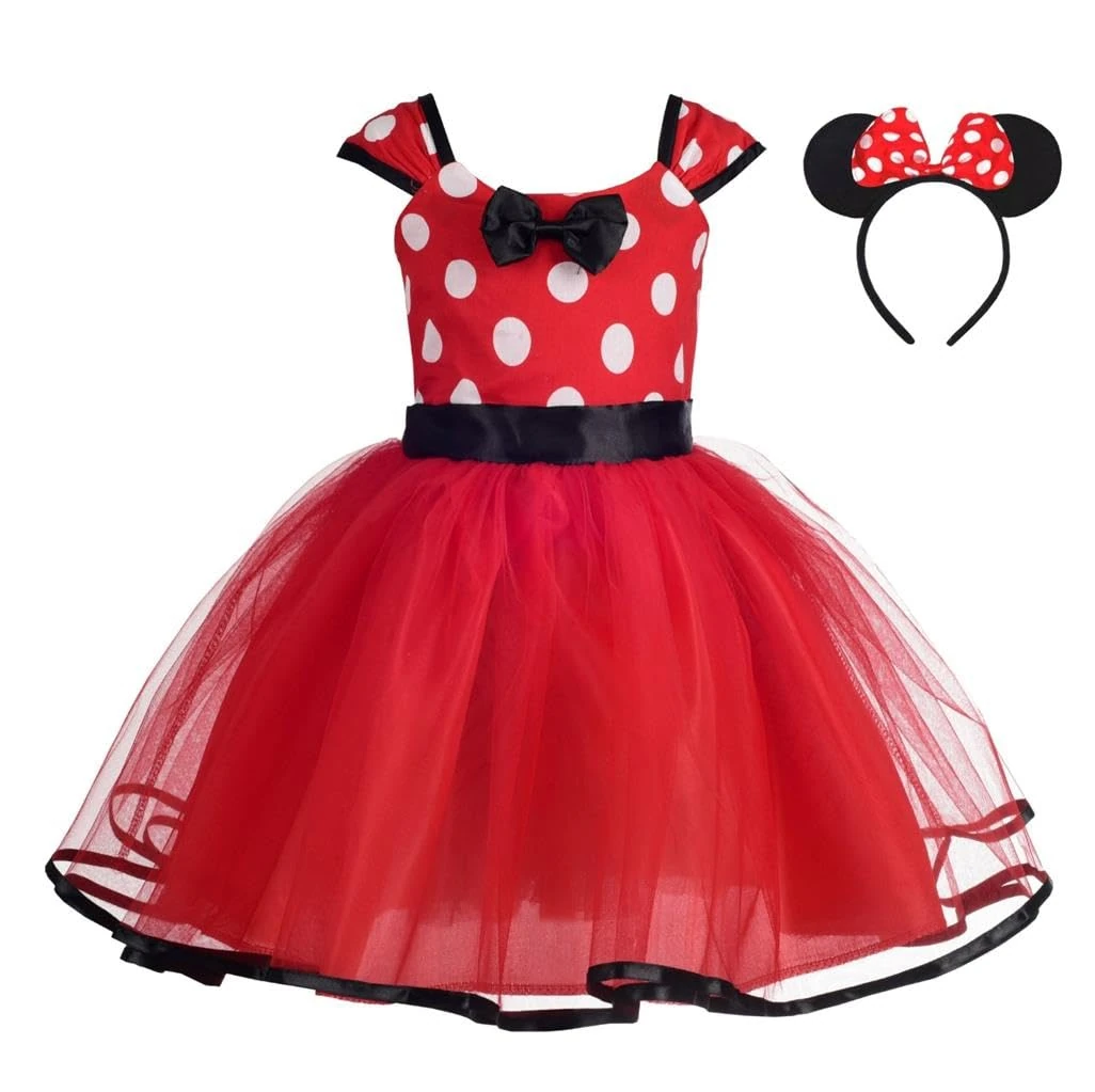 Lito Angels Minnie Fancy Dress Up Costume with Mouse Ears Hair Hoop for Baby Girls, Halloween Birthday Party Mini Polka Dot Tulle Skirt, Age 3-6 Months (Tag Number 70), Red