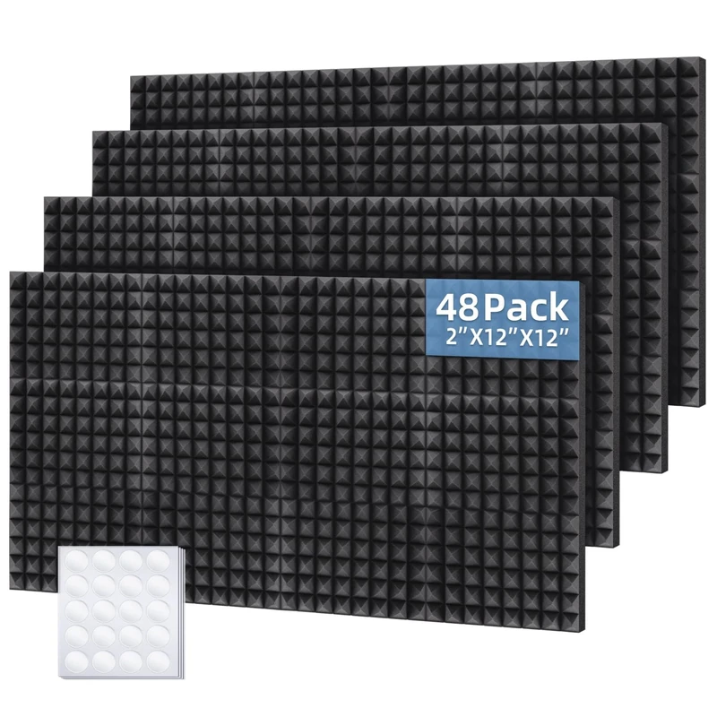 Ohuhu Sound Proofing Panels 48 Pack, 2"x12"x12" Acoustic Foam Panels Pyramid with Double Sided Tape, Fire Retardant High Density Eco-friendly Acoustic Wall Panels for Studio Office Home