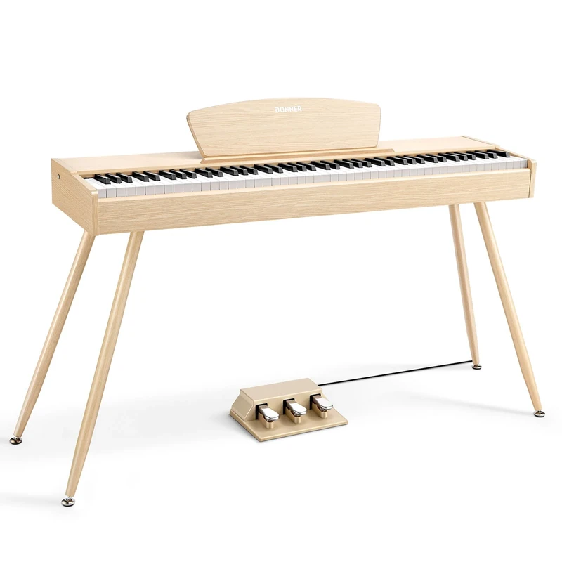 Donner DDP-80 Digital Piano Keyboard 88 Keys Weighted, Hammer Action II, Home Electric Piano Full Size with Stand, Triple Pedal, MIDI Connecting and Headphone Interface, Light Wood Color