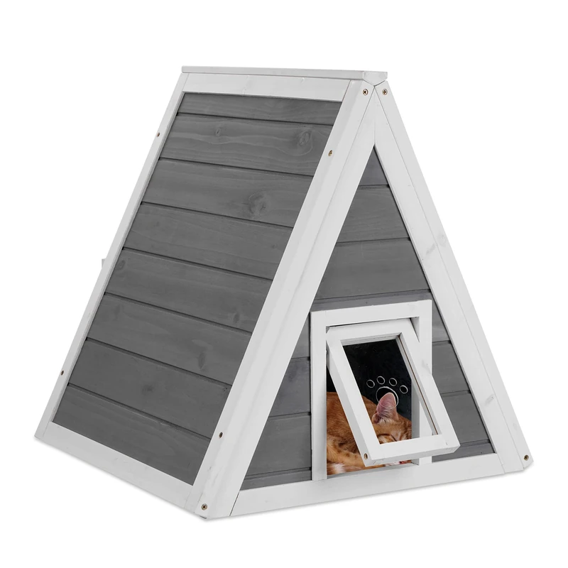 Relaxdays, Weatherproof, Wood, HxWxD: 54 x 52 x 64cm, 2 Entrances, Pointed Roof, Outdoor Cat House, Grey/White, Plastic, 54 x 52 x 64 cm