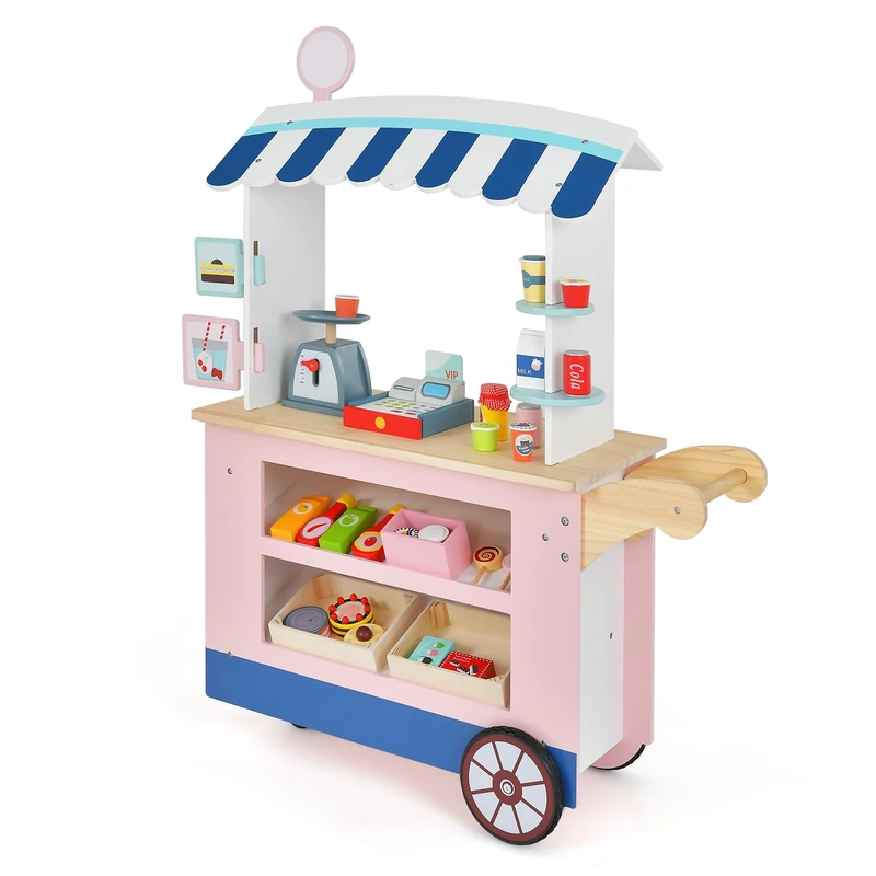 GYMAX Kids Grocery Store Cart, Wooden Market Play Shop with Wheels, 30 Pieces Accessories, Beverage Rack & Food Display Area, Pretend Children Shop Role Playset for 3 Year Old + (Pink+Blue)