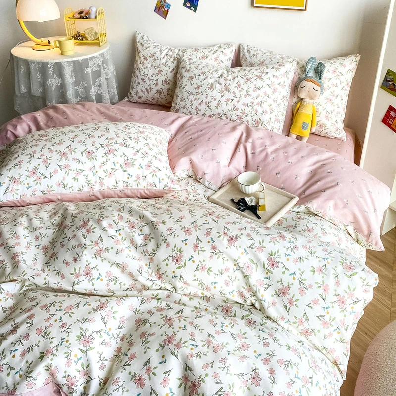 HighBuy Soft Cotton White Duvet Cover King Size Pink Floral Coquette Bedding Set King Chic Vintage Flower Comforter Cover Quilt Cover with 2 Pillowcases,Boho,King
