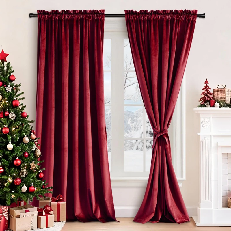 JIUZHEN Wine Red Velvet Curtains 84 inches for Living Room - Privacy Protect Room Darkening Rod Pocket Thick Velvet Window Drapes for Bedroom/Dining Room, Set of 2 with Tiebacks, W60 x L84 inches