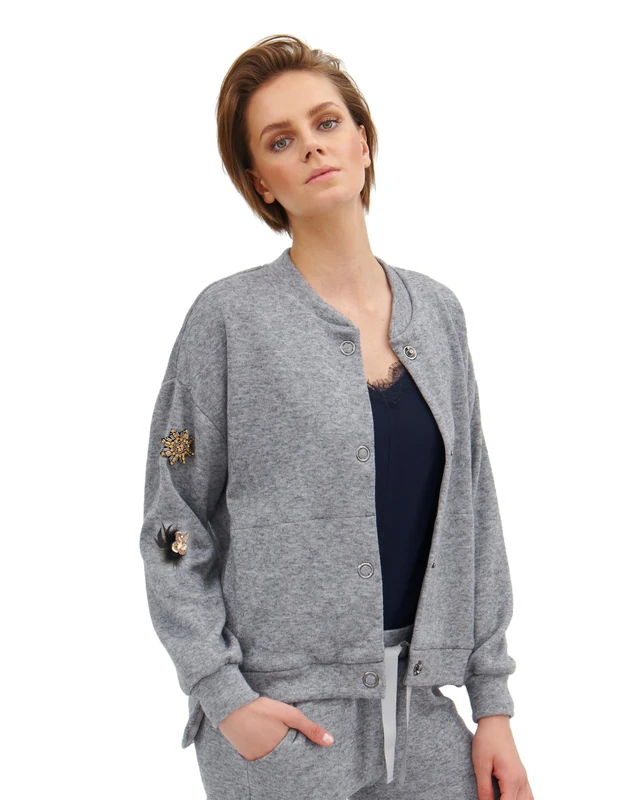 LARIME Women's Cana Bomber Jacket Grey Colour Sweater, Gray, 46 - Image 1