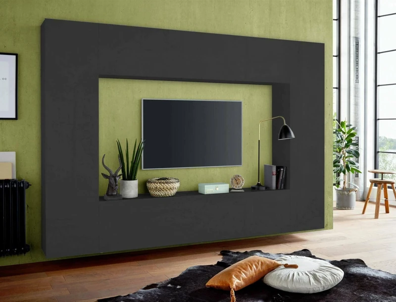 Dmora - TV wall unit Luigi, Living room set TV stand with 4 doors, Multipurpose living room furniture, 100% Made in Italy, cm 260x30h180, Anthracite