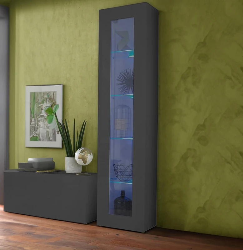 Dmora - Display cabinet Vladimiro, Sideboard with 1 door with glass shelves, Multipurpose living room furniture, 100% Made in Italy, cm 40x30h180, Anthracite